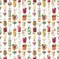 Watercolor seamless pattern, cocktail glasses: martini, mojito, cosmopolitan, moscow mule. Hand-drawn illustration Royalty Free Stock Photo