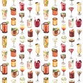 Watercolor seamless pattern, cocktail glasses: martini, mojito, cosmopolitan, moscow mule. Hand-drawn illustration Royalty Free Stock Photo