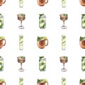 Watercolor seamless pattern, cocktail glasses: martini, mojito, cosmopolitan, moscow mule. Hand-drawn illustration Royalty Free Stock Photo