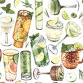 Watercolor seamless pattern, cocktail glasses: martini,mojito,liquor,rum,moscow mule. Hand-drawn illustration isolated Royalty Free Stock Photo