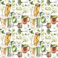 Watercolor seamless pattern, cocktail glasses: martini,mojito,liquor,rum,moscow mule. Hand-drawn illustration isolated Royalty Free Stock Photo