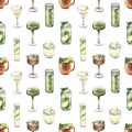 Watercolor seamless pattern, cocktail glasses: martini,mojito,liquor,rum,moscow mule. Hand-drawn illustration isolated Royalty Free Stock Photo