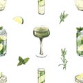 Watercolor seamless pattern, cocktail glasses: mojito, lime, matcha, cucumber. Hand-drawn illustration isolated on white Royalty Free Stock Photo