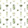Watercolor seamless pattern, cocktail glasses: mojito, lime, matcha, cucumber. Hand-drawn illustration isolated on white Royalty Free Stock Photo
