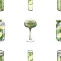 Watercolor seamless pattern, cocktail glasses: mojito, lime, matcha, cucumber. Hand-drawn illustration isolated on white Royalty Free Stock Photo