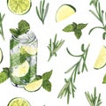 Watercolor seamless pattern, cocktail glasses:mojito,tequila, lime,matcha,cucumber. Hand-drawn illustration isolated on Royalty Free Stock Photo