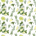 Watercolor seamless pattern, cocktail glasses:mojito,tequila, lime,matcha,cucumber. Hand-drawn illustration isolated on Royalty Free Stock Photo