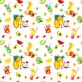 Watercolor seamless pattern with cocktails and various fruits.