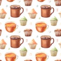 Watercolor seamless pattern with cocoa mug,muffin,cupcakes, tea cup,sweets,marshmallow. Royalty Free Stock Photo