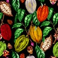 Watercolor seamless pattern of cocoa plant,cocoa flowers,cocoa beans,cocoa fruits
