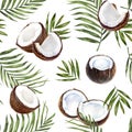 Watercolor seamless pattern coconut isolated on white.