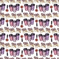 Watercolor seamless pattern with coffee attributes and coffee