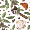 Watercolor seamless pattern coffee beans, branch with berries, portafilter and cup latte of coffee.Illustration isolated Royalty Free Stock Photo