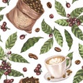 Watercolor seamless pattern coffee beans in jute burlap sack and cup latte of coffee. Hand-drawn illustration isolated Royalty Free Stock Photo