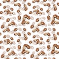 watercolor seamless pattern with coffee beans, pattern of coffee theme, hand drawn illustration of brown coffee seeds Royalty Free Stock Photo