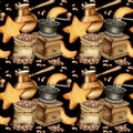 watercolor seamless pattern of coffee theme with gunny sack with coffee beans, coffee mull, cookies, turkish coffe pot