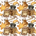 watercolor seamless pattern of coffee theme with gunny sack with coffee beans, coffee mull, cookies, turkish coffe pot Royalty Free Stock Photo