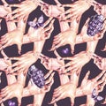 Watercolor seamless pattern, collection of girls hands holding bombs in realistic style. Gestures and hand touches
