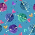 Watercolor seamless pattern with colorful balls of wool and crochet hooks Royalty Free Stock Photo