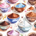 Watercolor seamless pattern with colorful bowls of spices and powders Royalty Free Stock Photo