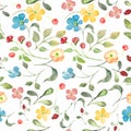 Watercolor seamless pattern with colorful bright flowers. Hand drawing floral background. Vector EPS Royalty Free Stock Photo