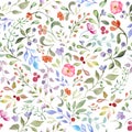 Watercolor seamless pattern with colorful flowers, branches, leaves, berries. Hand drawing floral background Royalty Free Stock Photo