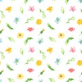 Watercolor seamless pattern with colorful flowers and leaves on a white background