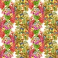 Watercolor seamless pattern with colorful flowers and leaves on white background, watercolor floral pattern, flowers in