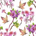 Watercolor seamless pattern with colorful flowers and leaves on white background, watercolor floral pattern, flowers in