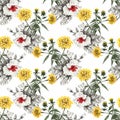 Watercolor seamless pattern with colorful flowers and leaves on white background, watercolor floral pattern, flowers in