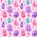 Watercolor Seamless pattern with colorful gemstone crystals. Rainbow multicolored gems. Pink background