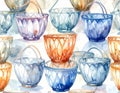 Watercolor Seamless Pattern with Colorful Glass Bowls and Cups Royalty Free Stock Photo