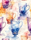 Watercolor Seamless Pattern with Colorful Glass Cups and Splashes Royalty Free Stock Photo
