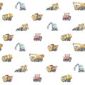 Watercolor seamless pattern with colorful little toy cars. Trucks and Cars Watercolor Background for Kids. Red tractor Royalty Free Stock Photo