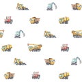 Watercolor seamless pattern with colorful little toy cars. Trucks and Cars Watercolor Background for Kids. Red tractor Royalty Free Stock Photo