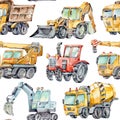 Watercolor seamless pattern with colorful little toy cars. Trucks and Cars Watercolor Background for Kids. Red tractor Royalty Free Stock Photo