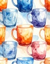 Watercolor Seamless Pattern with Colorful Mugs and Cups Royalty Free Stock Photo