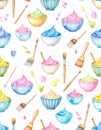 Watercolor seamless pattern with colorful paint bowls and brushes on white background Royalty Free Stock Photo