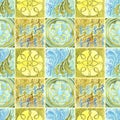 Watercolor Seamless Pattern Of Colorful Tiles, Floral Motifs. Square Mosaic Illustration