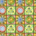 Watercolor Seamless Pattern Of Colorful Tiles, Floral Motifs. Square Mosaic Illustration