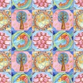 Watercolor Seamless Pattern Of Colorful Tiles, Natural Motives. Square Mosaic Illustration For Home Decoration