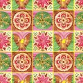 Watercolor Seamless Pattern Of Colorful Tiles. Square Mosaic Illustration For Home Decoration