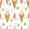 Bunny Ice Cream, Carrots And Eggs Watercolor Seamless Pattern