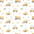 Watercolor seamless pattern with construction vehicles, concrete truck, bulldozer, road roller, tractor on a white background