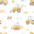 Watercolor seamless pattern with construction vehicles, concrete truck, bulldozer, road roller, tractor on a white background