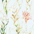 Watercolor seamless pattern with coral and laminaria. Hand painted underwater floral illustration with algae and Royalty Free Stock Photo