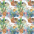 Watercolor seamless pattern with coral reef - laminaria branch and sea animals. Hand painted jellyfish, starfish