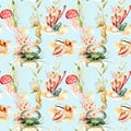 Watercolor seamless pattern with coral reef plants and animals. Hand painted crab, jellyfish, seahorse, seaweeds and