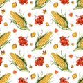 Watercolor seamless pattern of corn, leaves and rowan.