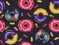 Watercolor seamless Pattern of cosmic donuts coated with glaze.